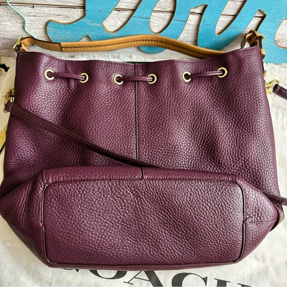 COACH EGGPLANT DRAWSTRING PEBBLED LEATHER BUCKET HOBO BAG